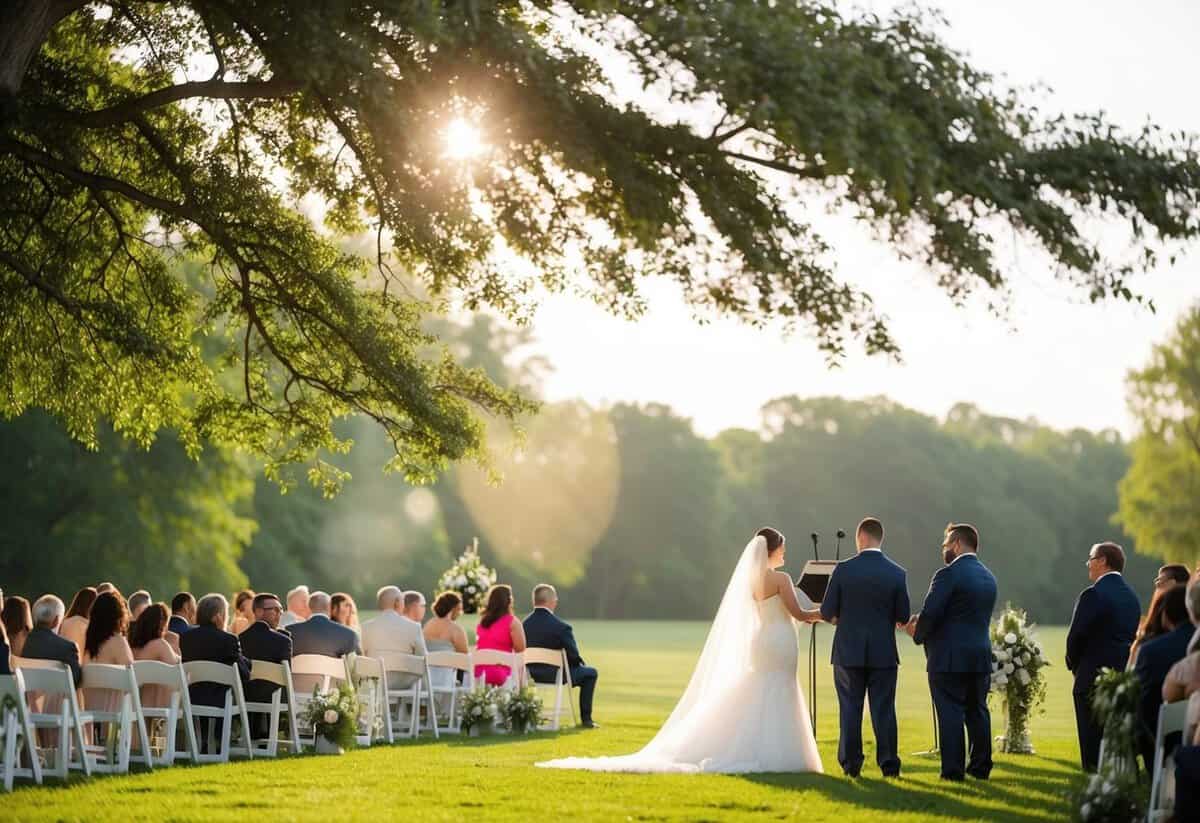 A serene outdoor wedding ceremony with a soft breeze and gentle sunlight filtering through the trees