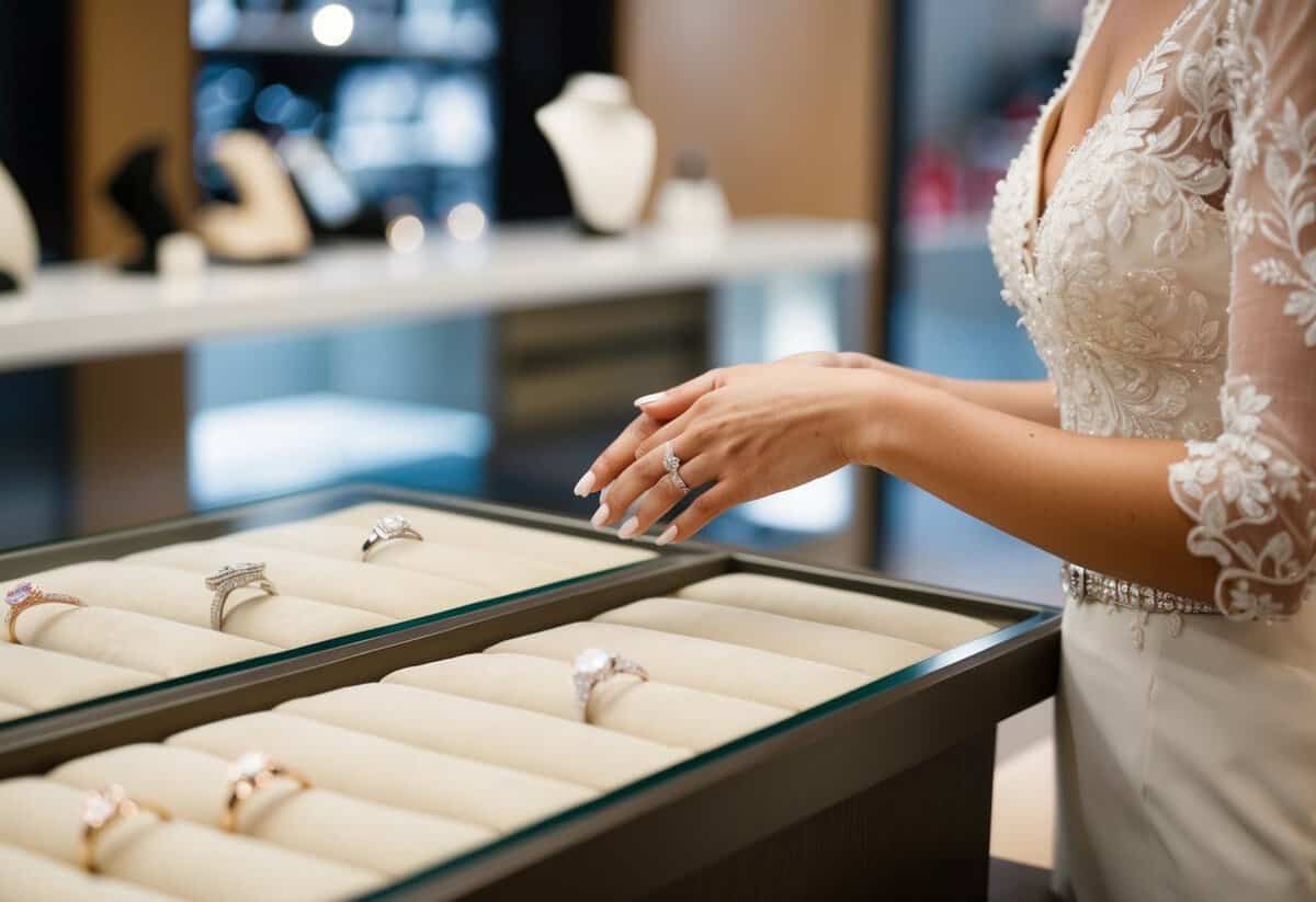 A bride placing wedding rings on a jewelry store counter