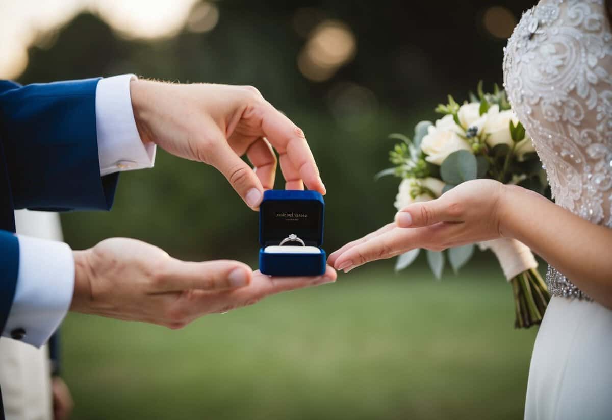 A groom's hand holding out a wedding ring box to a bride's hand