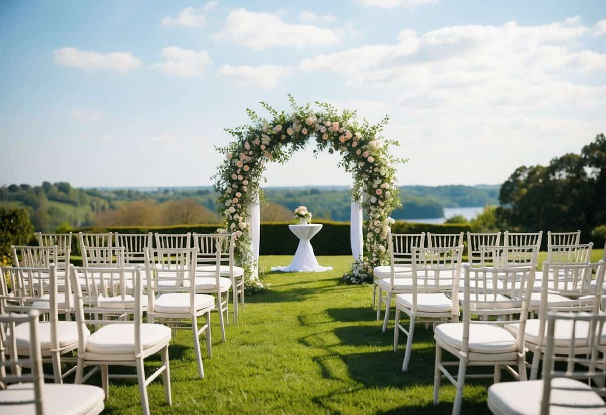 A serene outdoor wedding ceremony with a floral arch and rows of chairs facing a picturesque view