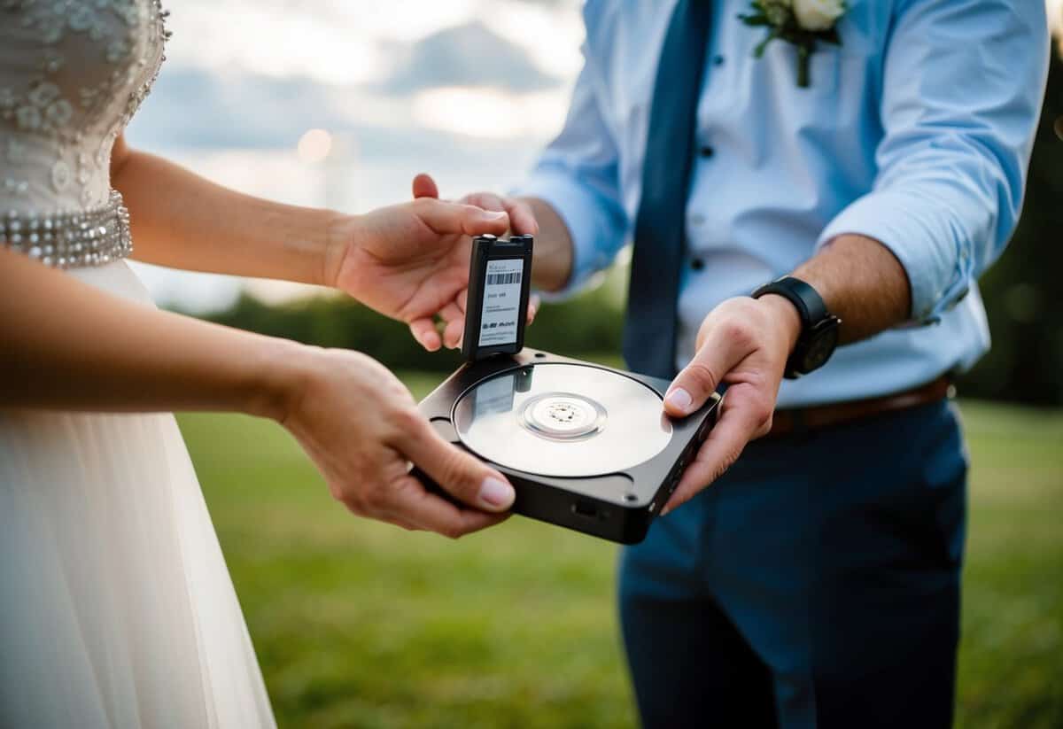 A wedding videographer hands over a hard drive containing all the footage from the wedding day