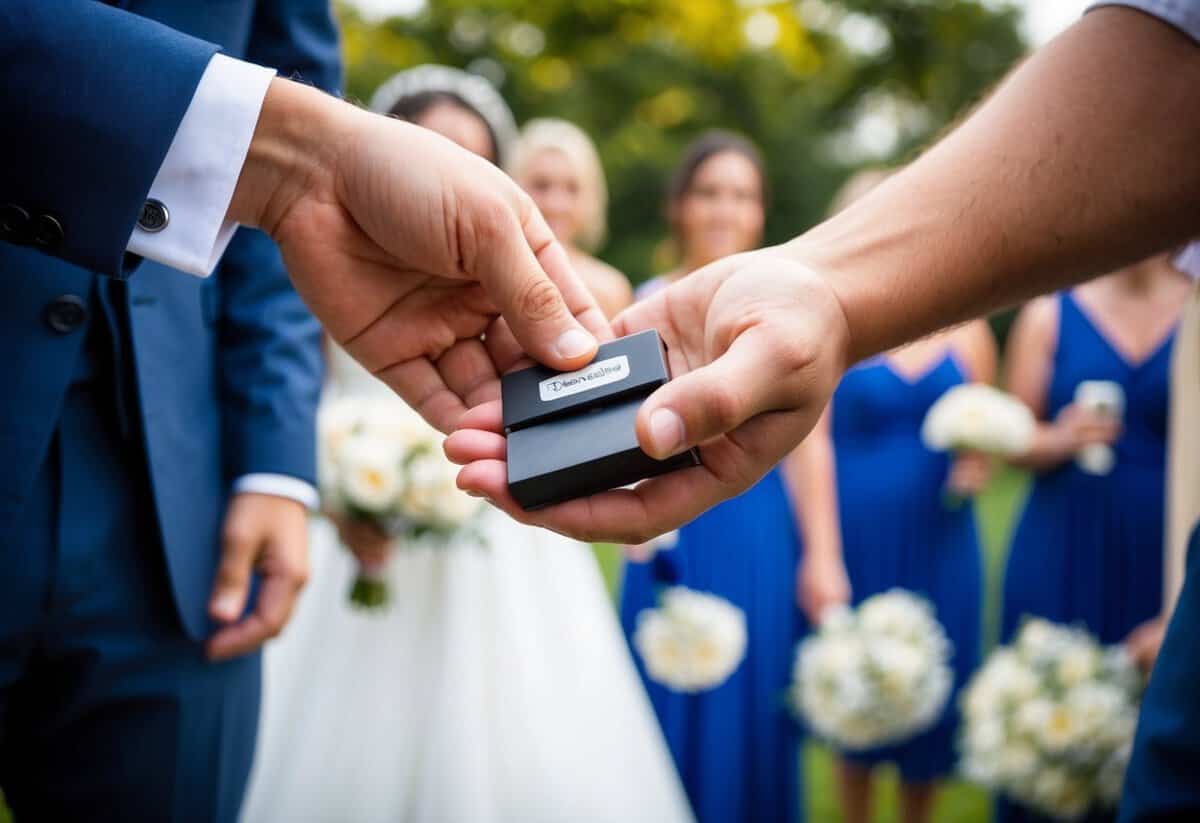 A wedding videographer hands over a USB drive containing all the raw footage from the wedding day