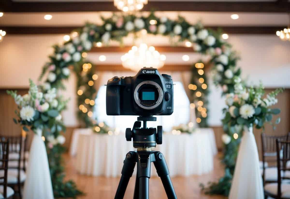A camera on a tripod facing a beautifully decorated wedding venue, with soft lighting and floral arrangements