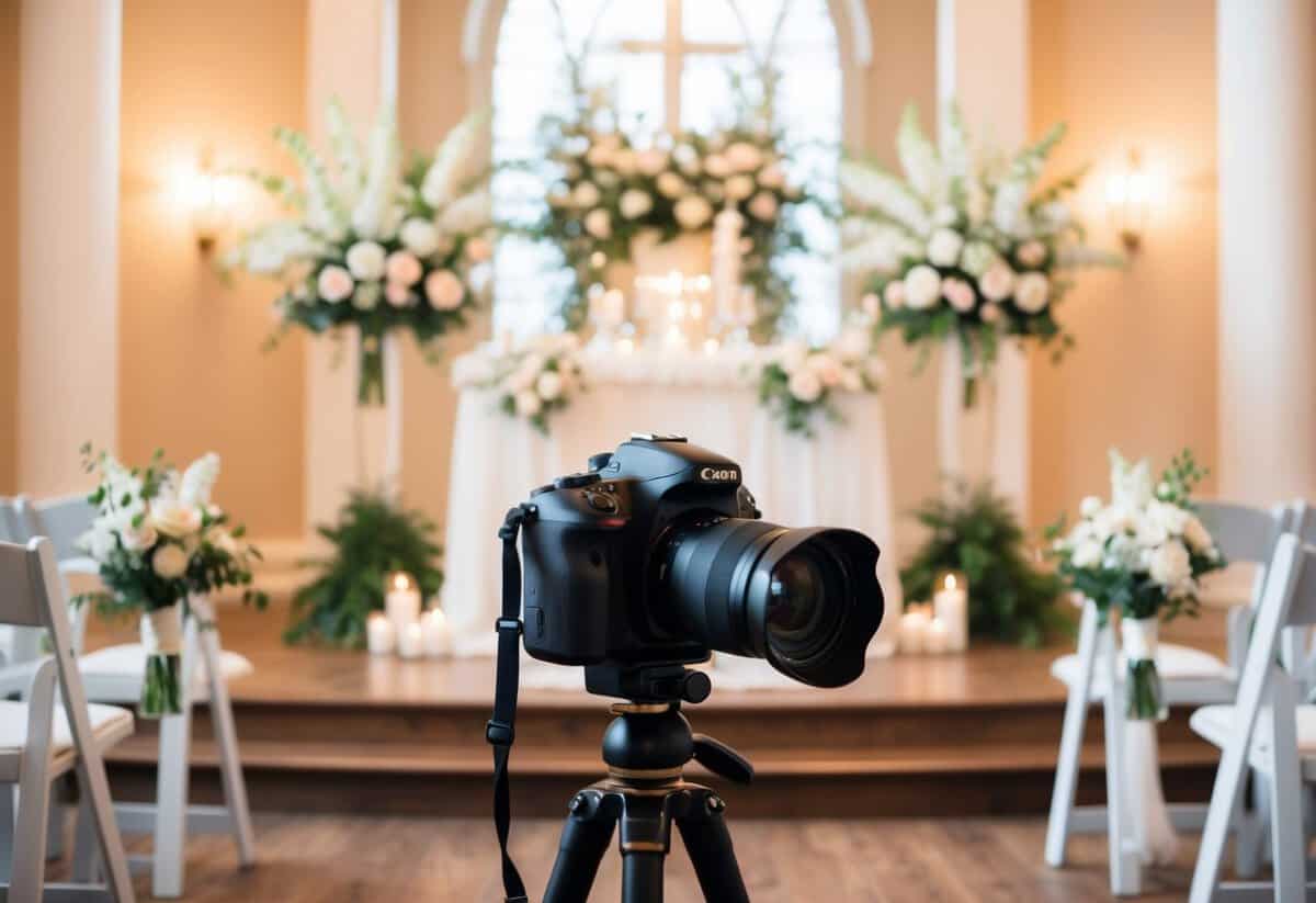 A camera and tripod set up in front of a beautifully decorated wedding altar, with soft lighting and flowers arranged in the background