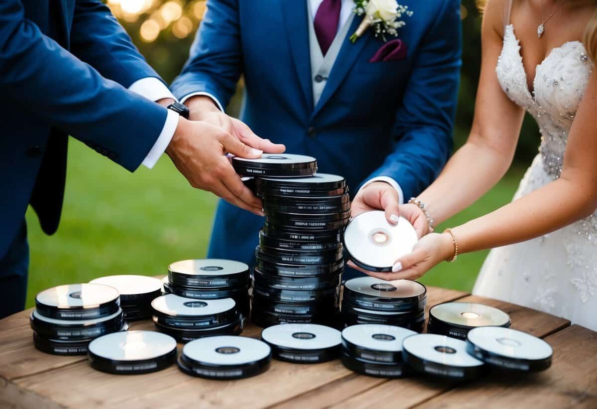 A wedding videographer hands over a stack of labeled DVDs to a couple, who eagerly sift through the collection
