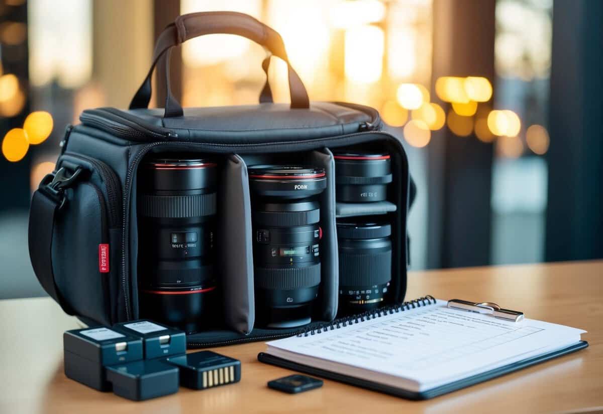 A camera bag open on a table, filled with lenses, batteries, and memory cards. A notebook with a checklist of shots sits next to it