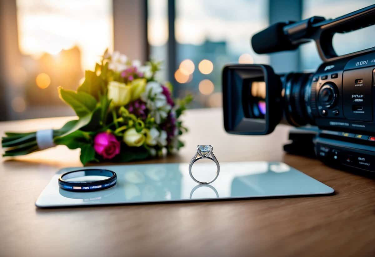 A wedding ring placed on a table next to a video camera and a bouquet of flowers