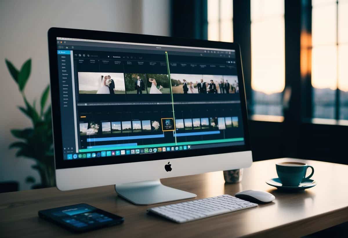 A computer screen displaying a timeline of wedding footage, with various editing software tools open and a cup of coffee nearby