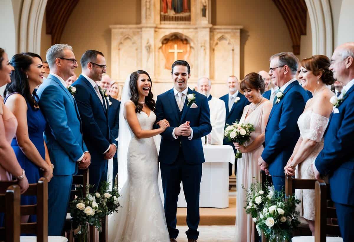A bride and groom stand at the altar, surrounded by family and friends. The ceremony is brief but filled with emotion, laughter, and tears of joy