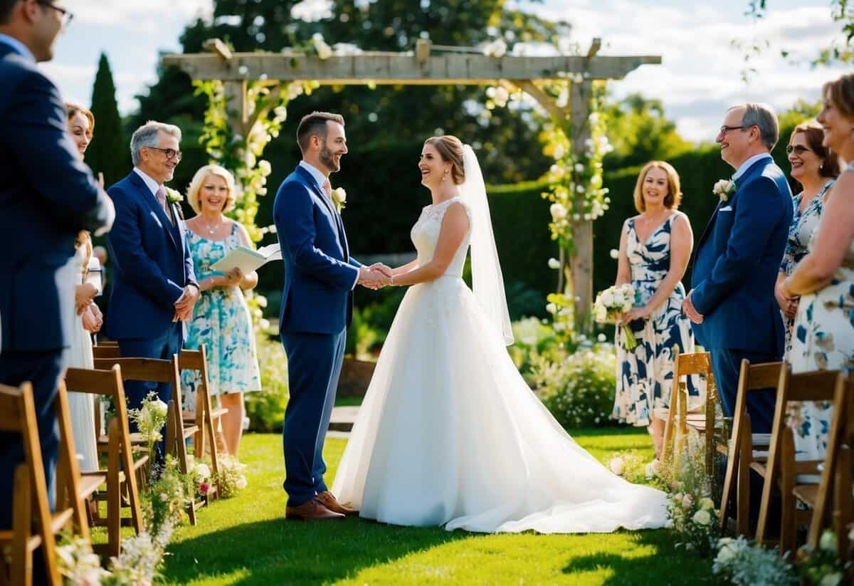A bride and groom stand in a sunlit garden, surrounded by family and friends. Laughter and music fill the air as they exchange vows
