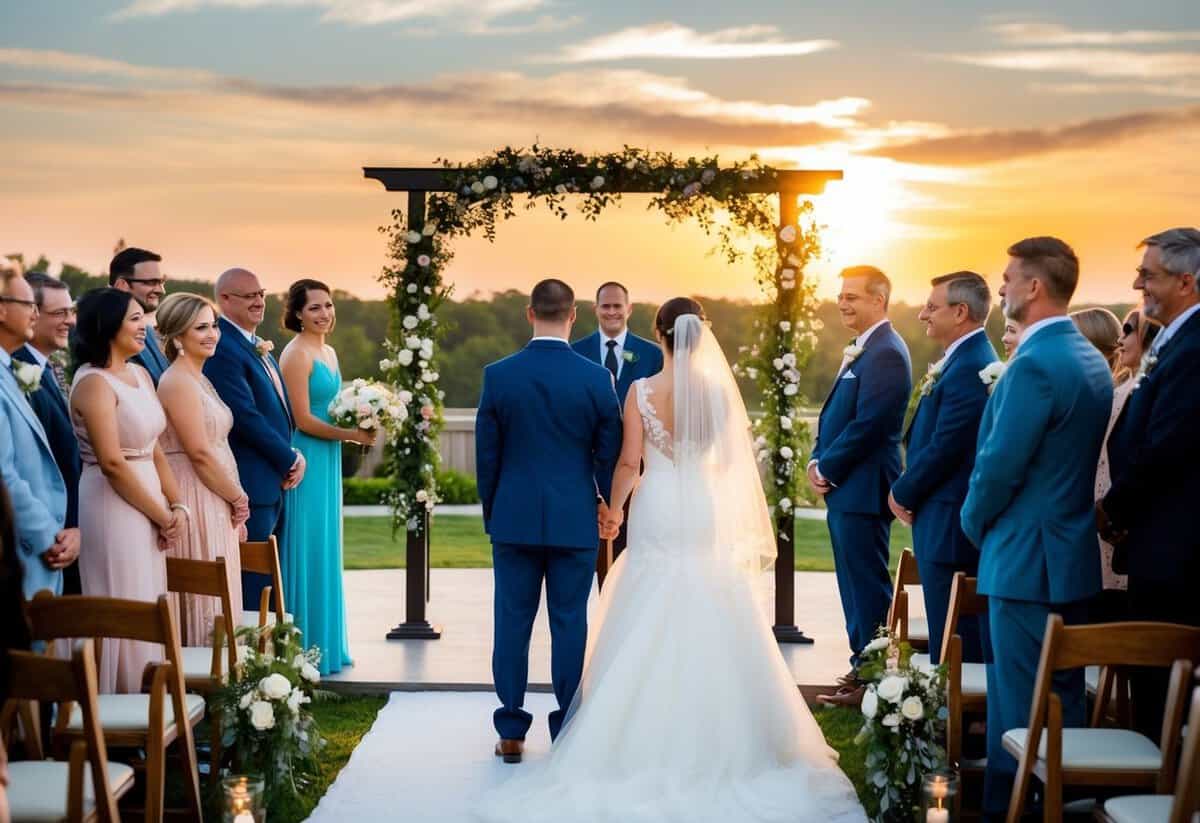 A bride and groom stand at the altar, surrounded by family and friends. The sun sets behind them, casting a warm glow over the scene