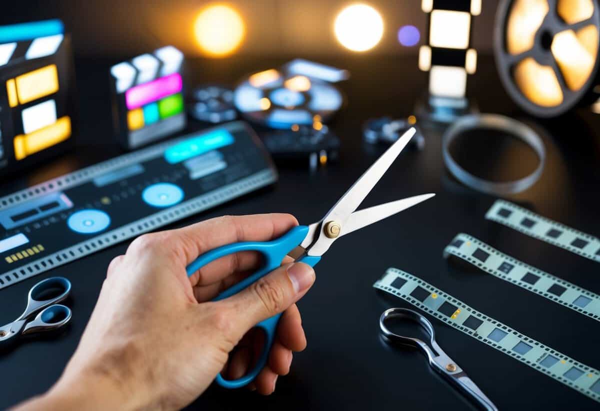 A hand holding a pair of scissors cutting a filmstrip, with various video editing tools and styles surrounding it