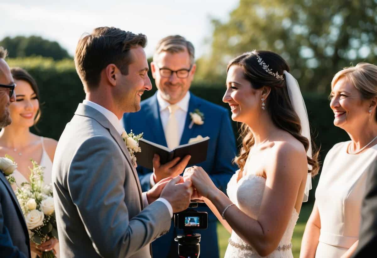 A couple exchanging vows in a simple outdoor ceremony, surrounded by close friends and family. A small, budget-friendly video camera captures the intimate moment