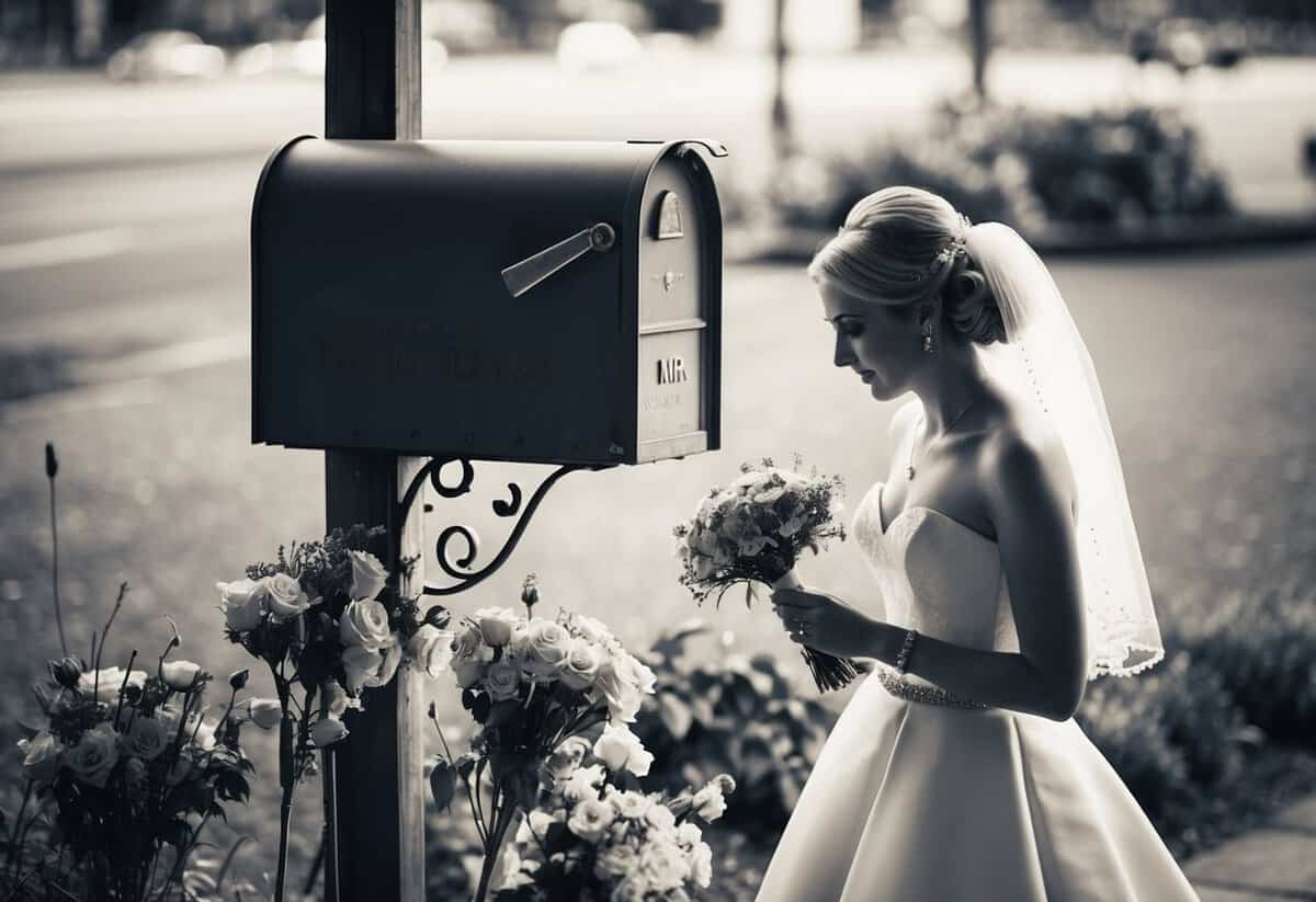 A bride waits by an empty mailbox, surrounded by wilting flowers and a ticking clock