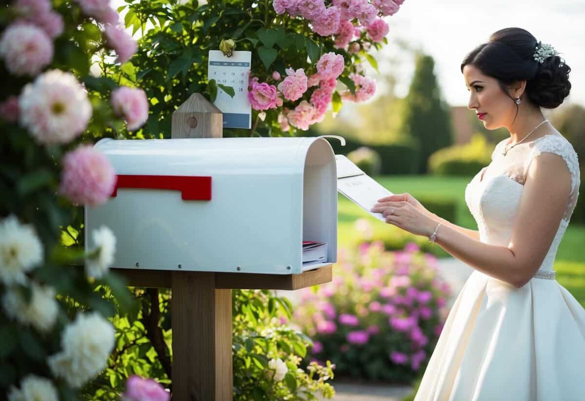 A bride anxiously checks her mailbox daily, surrounded by blooming flowers and a calendar marking the passing days