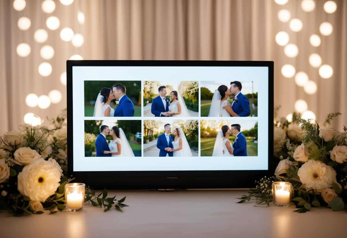 A couple's wedding slideshow video plays on a screen, capturing moments from their relationship, surrounded by soft, romantic lighting and floral decorations