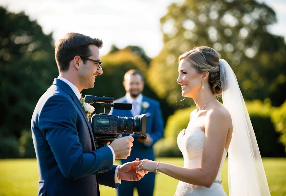 A wedding videographer filming a bride and groom exchanging vows outdoors