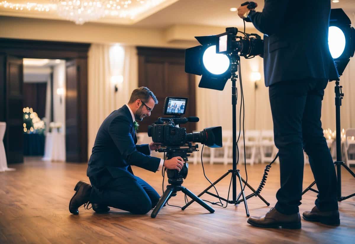 A wedding videographer setting up cameras and lighting at a venue