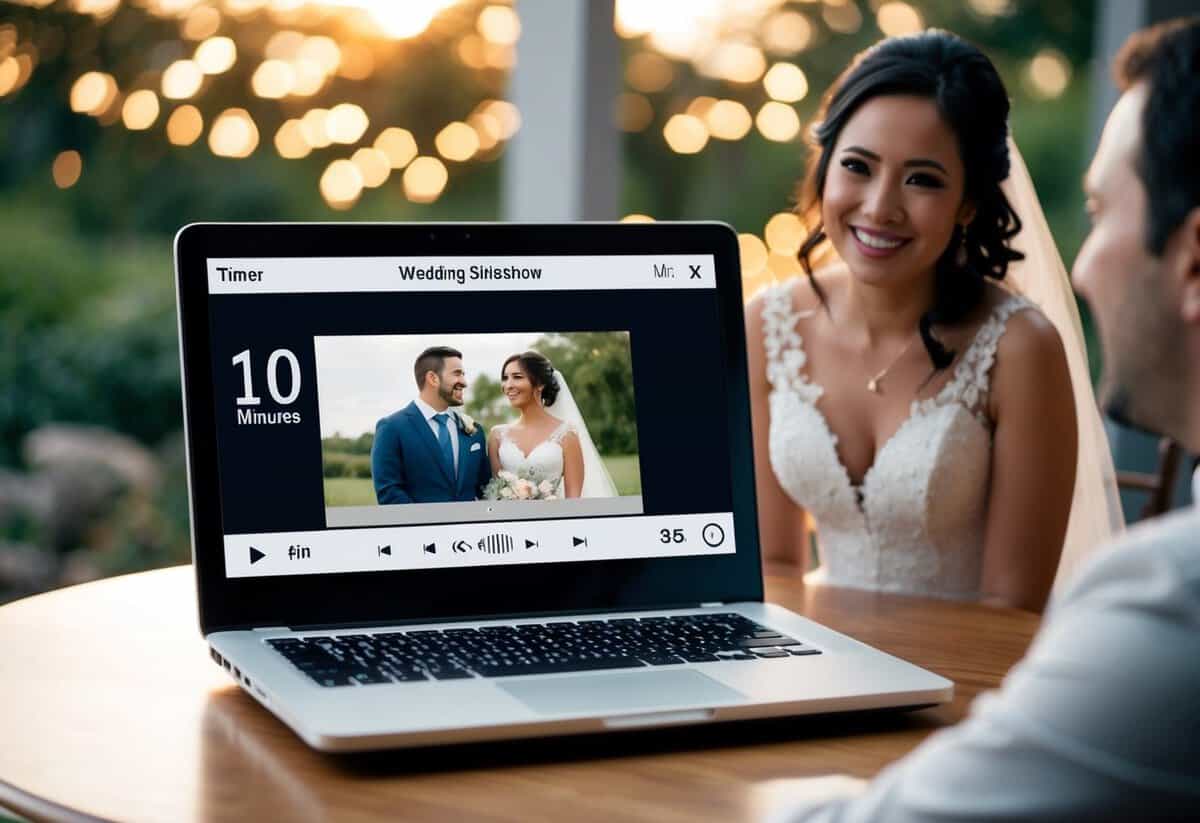 A laptop displaying a wedding slideshow video with a timer showing 10 minutes. A couple watches and smiles