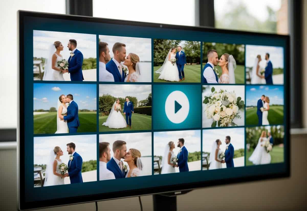 A wedding slideshow video plays on a screen, showcasing memorable moments. The images transition smoothly, capturing the love and joy of the day