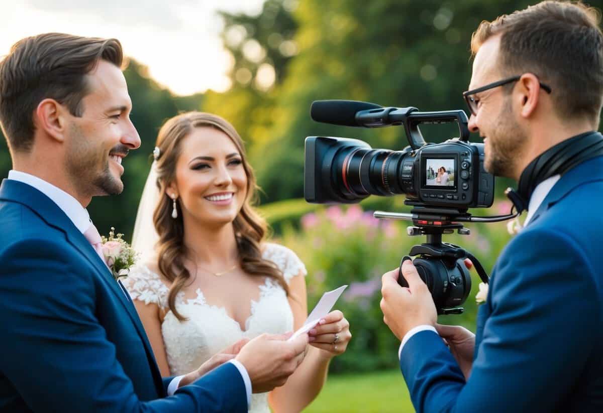 A wedding videographer filming a couple exchanging vows in a beautiful outdoor setting