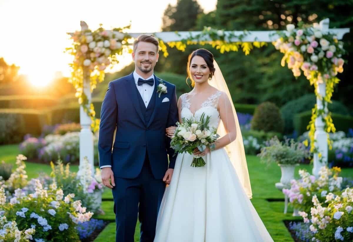 A bride and groom stand in a picturesque garden, surrounded by blooming flowers and elegant decor. The sun sets behind them, casting a warm glow over the scene