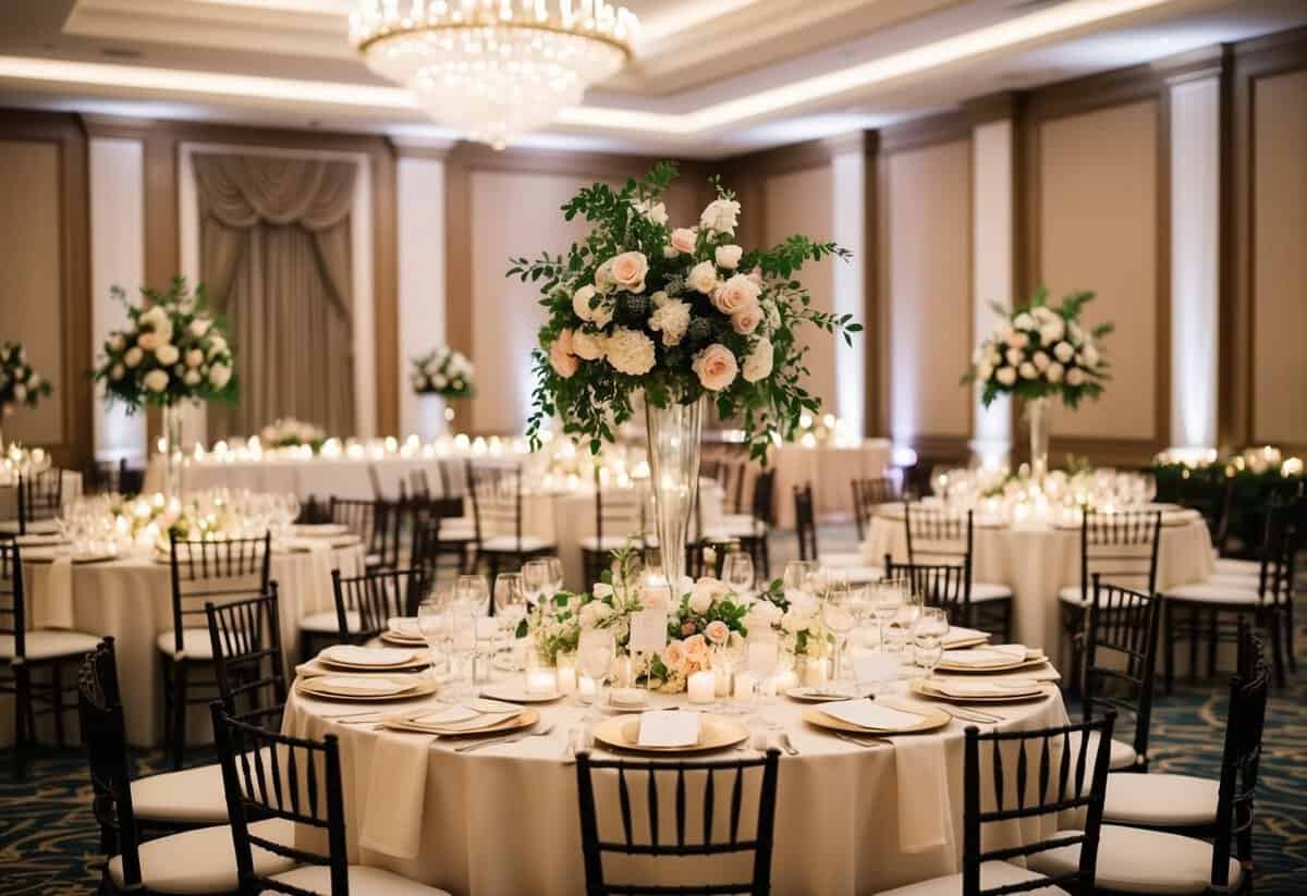 A lavish wedding venue with elegant décor, floral arrangements, and a grand banquet table set for a luxurious reception
