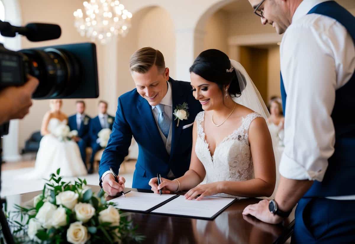 A videographer filming a bride and groom signing a contract at a wedding venue