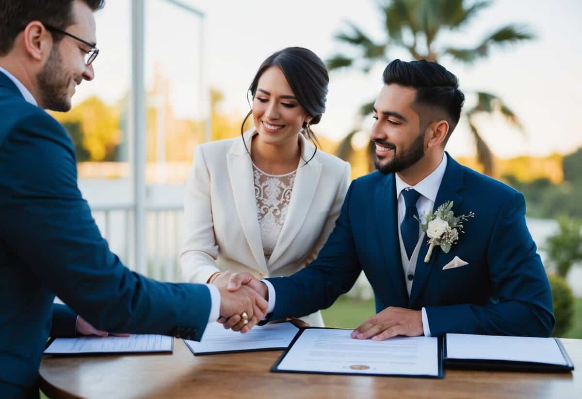 A videographer and a couple sign a wedding contract, exchanging money and shaking hands