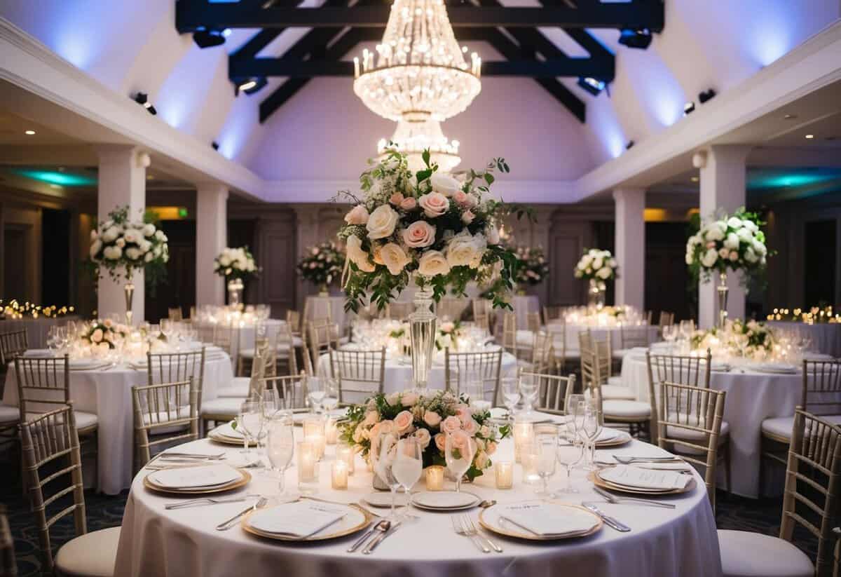 A wedding venue adorned with flowers, elegant table settings, and twinkling lights, showcasing the luxurious and extravagant elements of a UK wedding