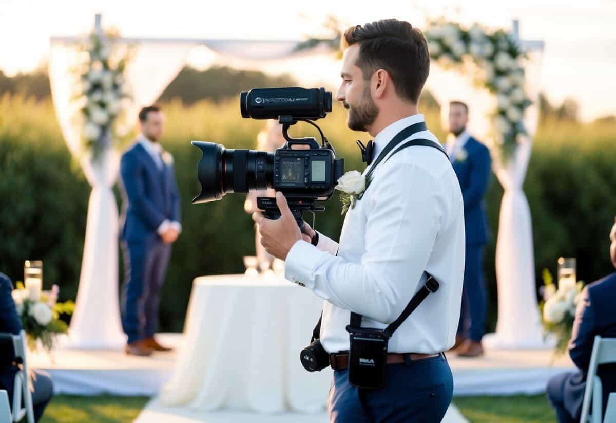 A wedding videographer wearing a professional outfit with a camera and equipment in hand, standing in front of a beautiful ceremony setup