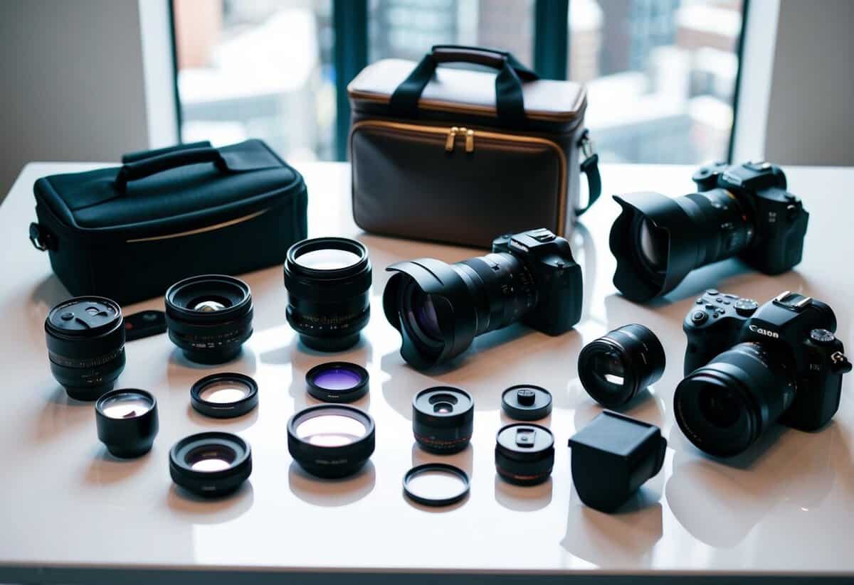 A wedding videographer's equipment laid out on a sleek, modern table with a mix of practical and stylish accessories like a camera, lenses, and a chic camera bag