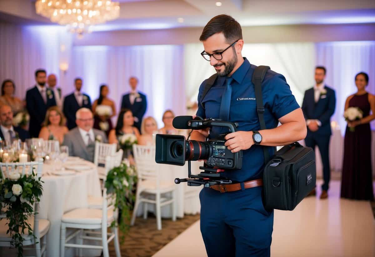 A wedding videographer wearing a comfortable and professional outfit, with a camera bag and equipment, capturing the ceremony and reception