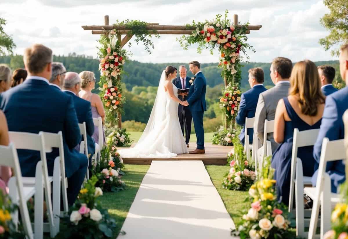 A picturesque outdoor wedding ceremony with stunning natural scenery and vibrant floral decorations, captured in high definition