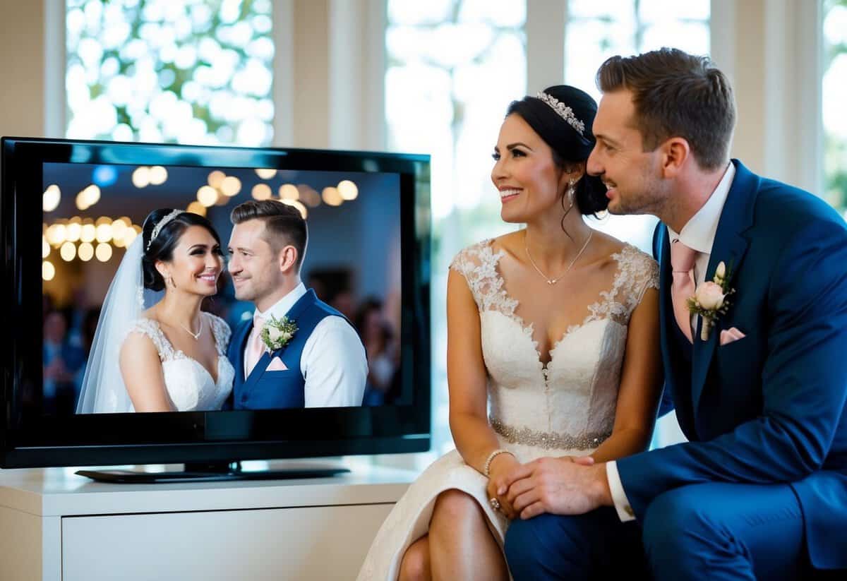 A couple watches a wedding video on a high-definition TV, comparing it to a 4K TV