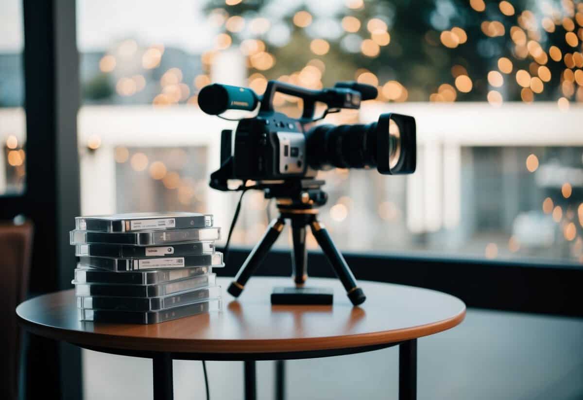 A table with a stack of video tapes and a camera on a tripod