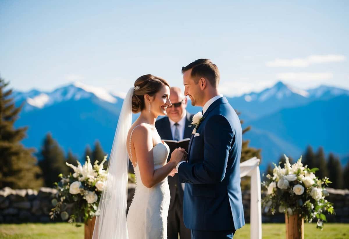 A bride and groom exchanging vows at an outdoor wedding ceremony with a scenic backdrop of mountains and a clear blue sky