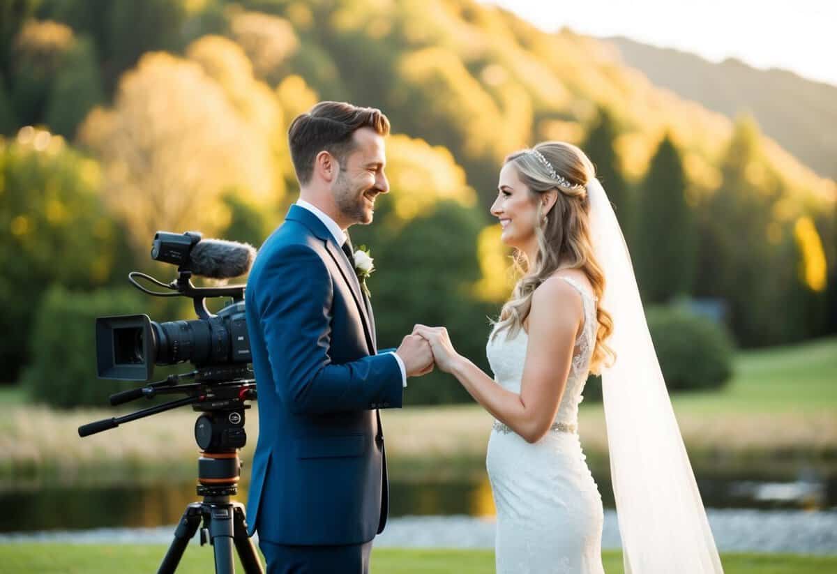 A couple exchanging vows in a picturesque outdoor setting, captured by a videographer with high-definition equipment