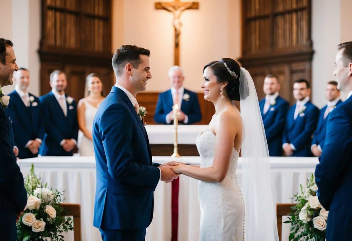 A bride and groom standing at the altar exchanging vows