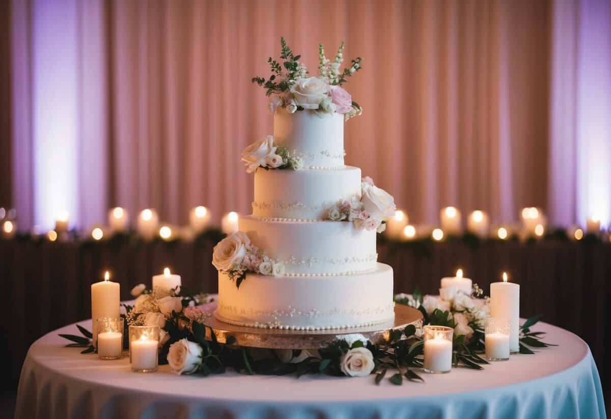 A beautifully decorated wedding cake sits on a table, surrounded by flowers and candles, with soft lighting creating a romantic ambiance