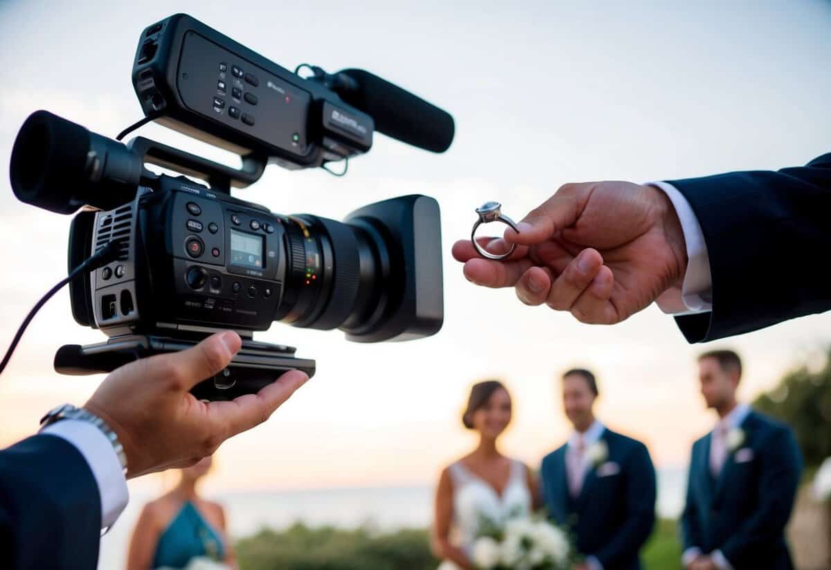 A hand holding a video camera, focused on a wedding ring exchange