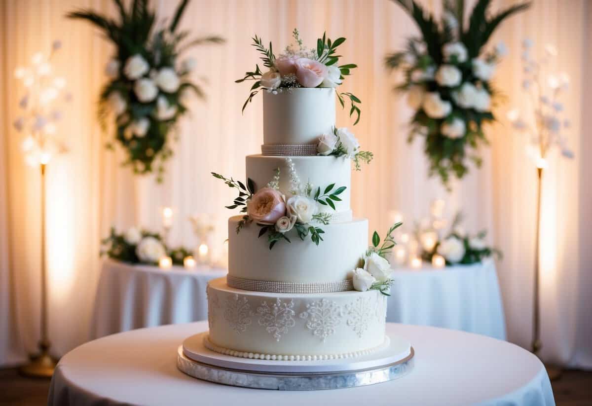 A beautifully decorated wedding cake with flowers and intricate details, set against a romantic backdrop of soft lighting and elegant decor