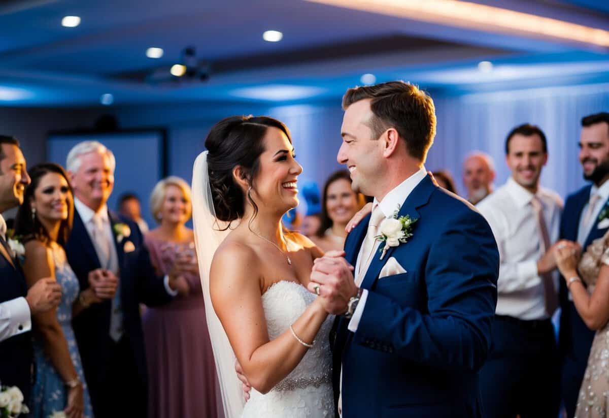A wedding videographer capturing the couple's first dance, surrounded by friends and family, capturing the joy and emotion of the moment