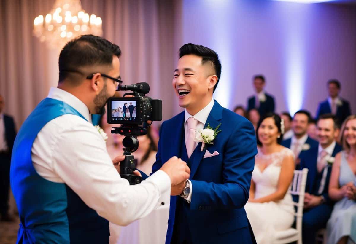 A wedding videographer capturing emotional moments and joyful celebrations at a wedding ceremony and reception