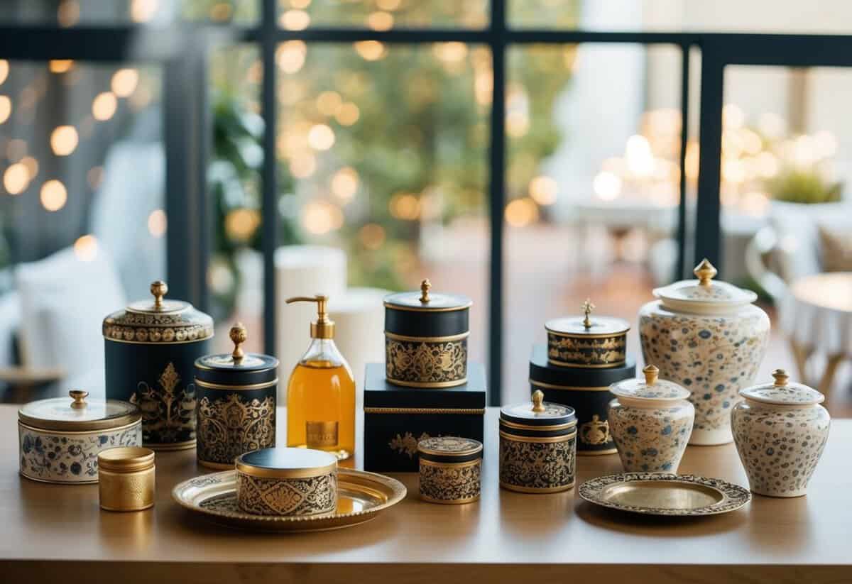A table with a variety of elegant and ornate sharing and storage solutions, such as decorative boxes, trays, and jars, arranged with care