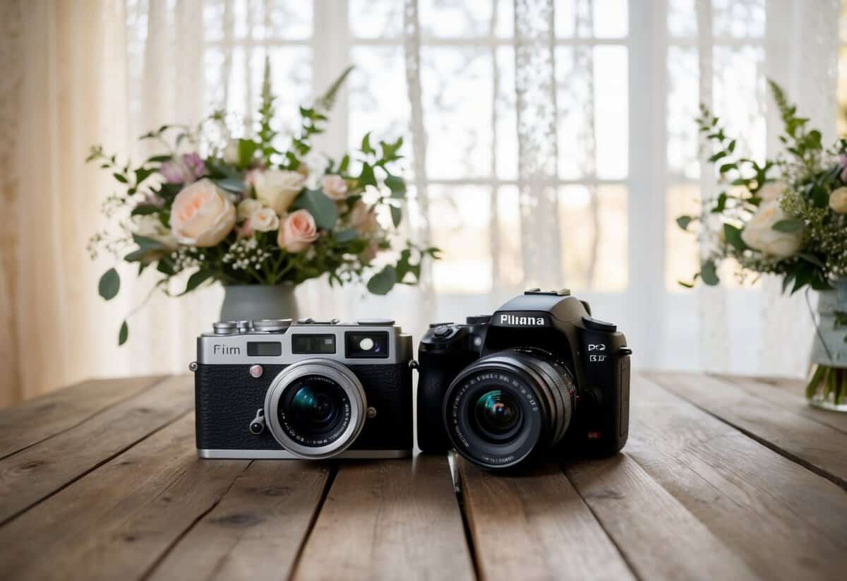 A vintage film camera and a modern digital camera sit side by side on a rustic wooden table, surrounded by delicate floral arrangements and soft natural light filtering through lace curtains