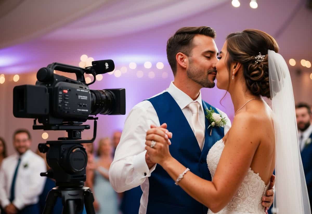 A wedding videographer capturing the exchange of vows and rings, the first kiss, and the couple's first dance at the reception