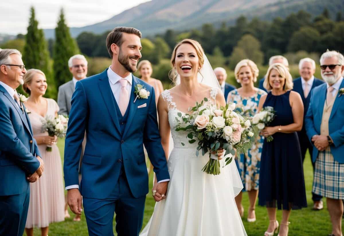 A bride and groom stand in a beautiful outdoor setting, surrounded by friends and family. A professional videographer captures their joyful expressions and the stunning scenery