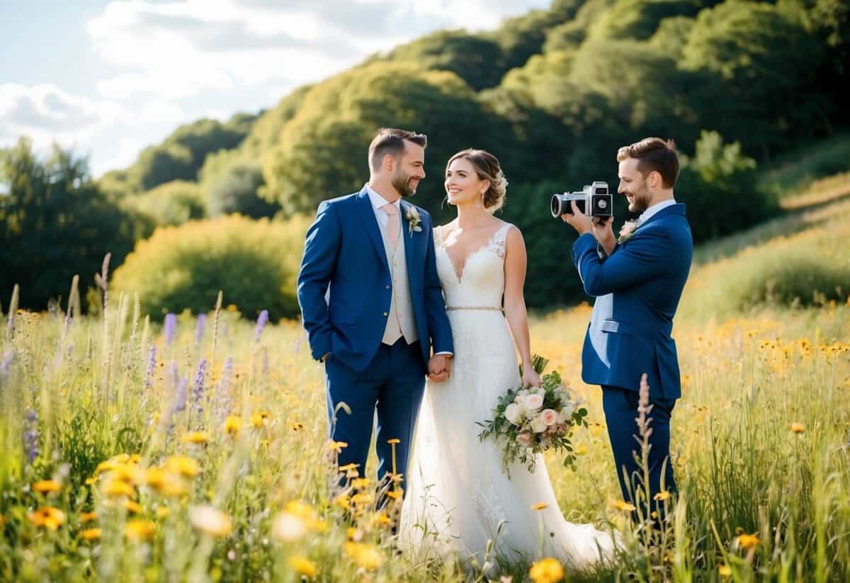 A bride and groom stand in a sun-drenched field, surrounded by wildflowers and tall grass. The photographer holds a vintage film camera, capturing the couple in a candid moment