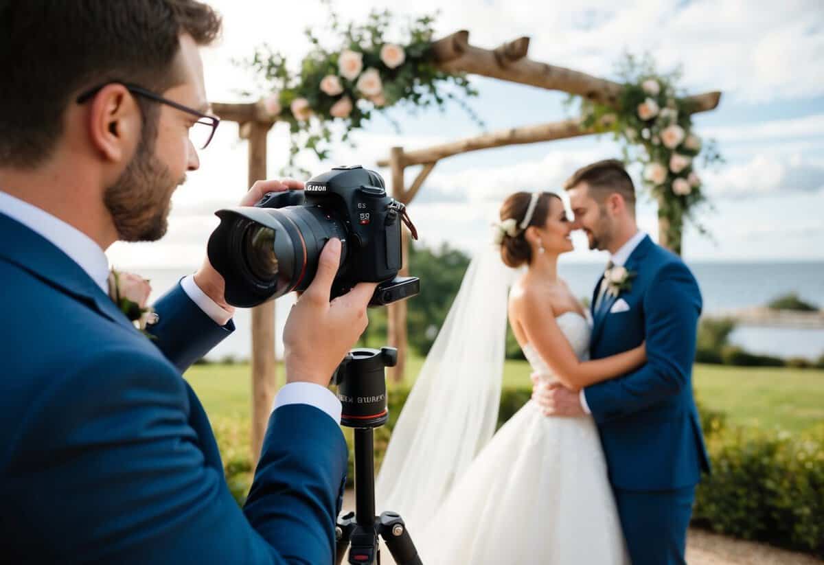 A wedding photographer adjusts camera settings before capturing a bride and groom in a romantic setting